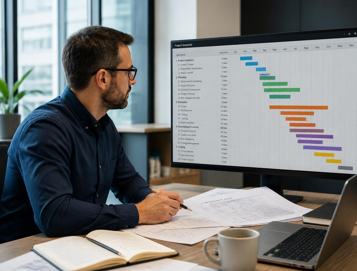 Project manager reviewing a Gantt chart schedule in a modern office